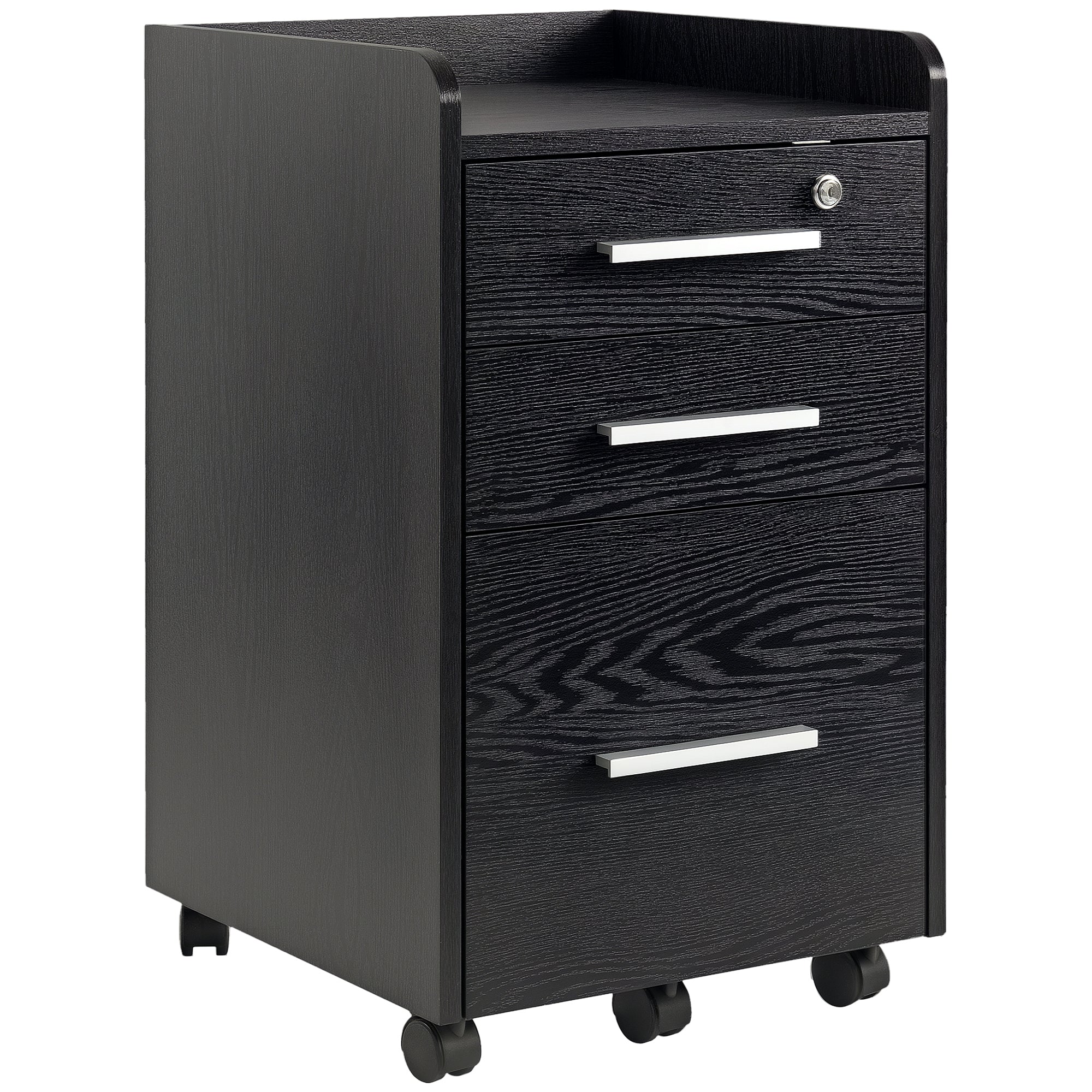 3-Drawer Wooden File Cabinet with Security Keys and 5 Wheels, 39.2 x 40 x 65.4 cm, Black