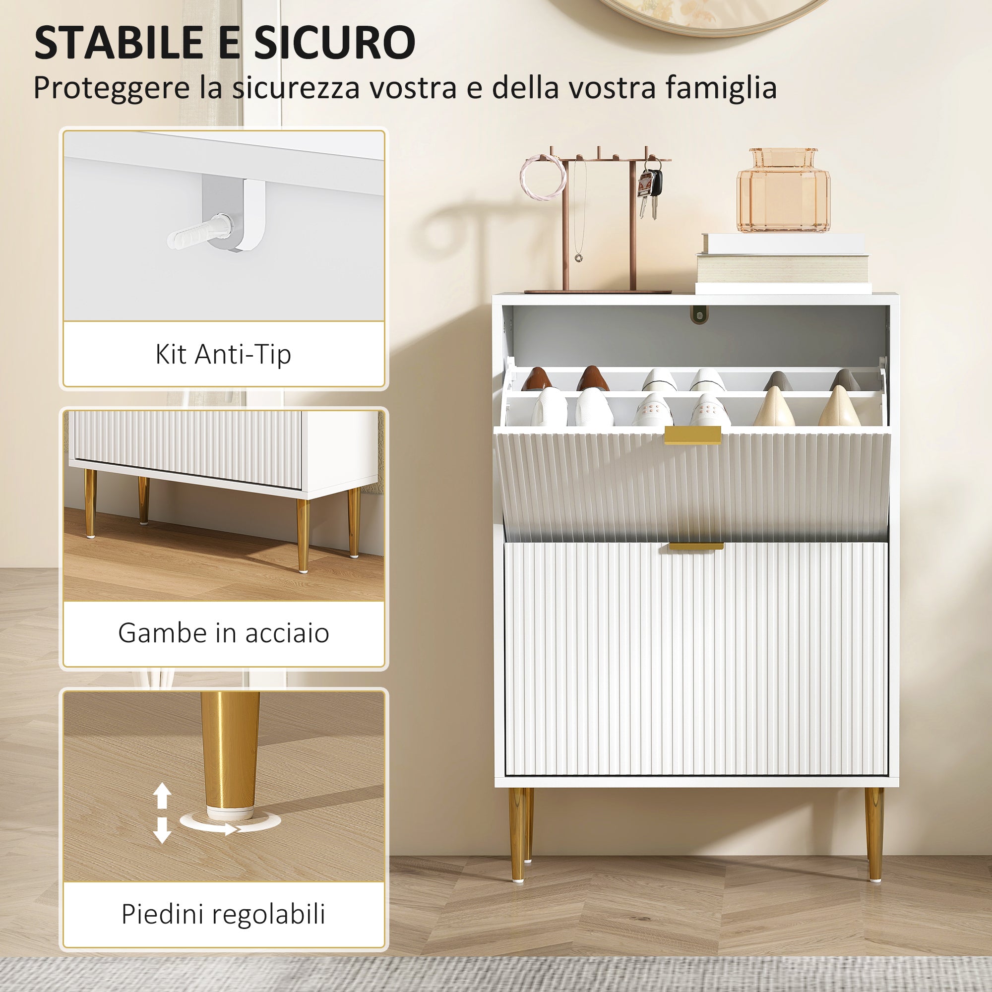 Slim Shoe Rack for 12 Pairs of Shoes with 2 Drop-Down Drawers and Adjustable Shelves, 60x24x91.5 cm, White