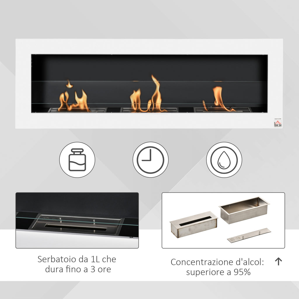 Wall-Mounted Bioethanol Fireplace with 3 x 1L Tanks and 20m² Coverage, Steel and Glass, 120x15x40 cm, White