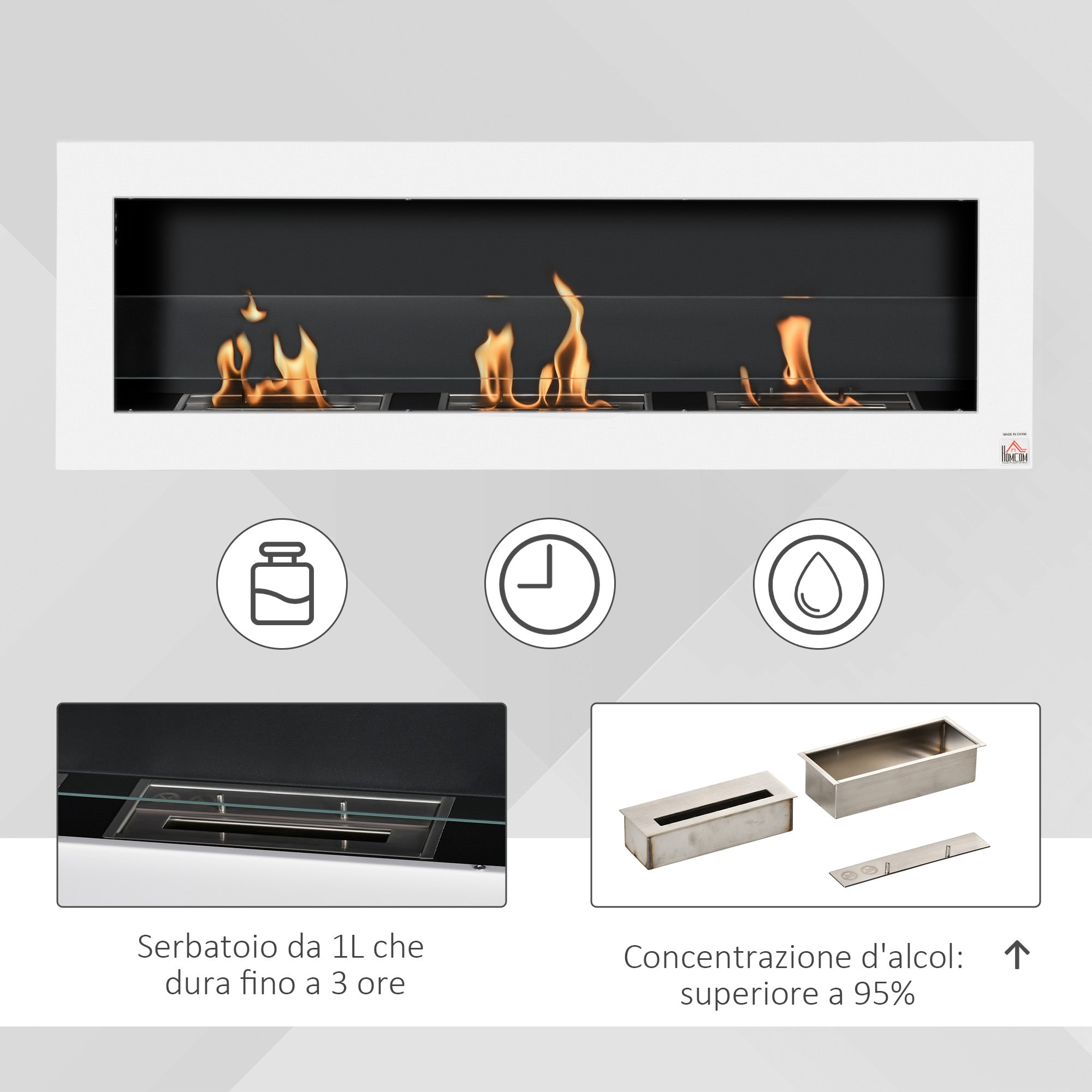 Wall-Mounted Bioethanol Fireplace with 3 x 1L Tanks and 20m² Coverage, Steel and Glass, 120x15x40 cm, White
