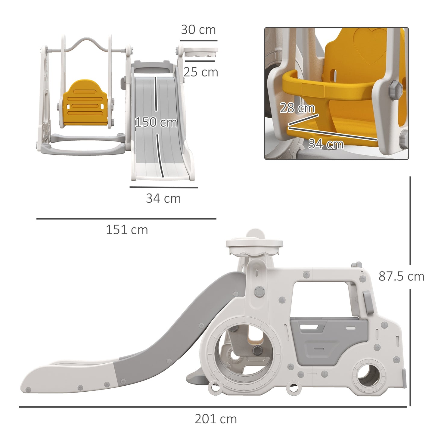 Aiyaplay Set slide for children 18-48 months with swing, cars and basket, 201x151x87.5cm, white - Borgè