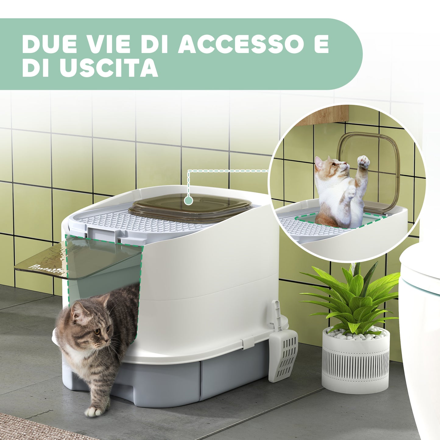 Enclosed Cat Litter Box with 2 Doors, Removable Tray, Scoop and Deodorizer, Grey