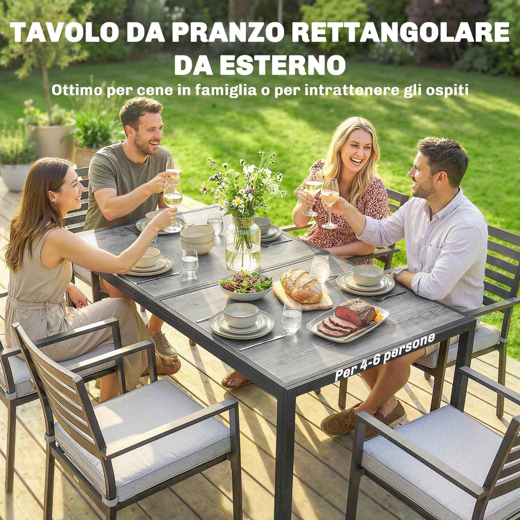 Outsunny Garden Table for 4-6 People with Wood-Effect Top, in Steel and PSPC Plastic, 150x80x74 cm, Grey and Black