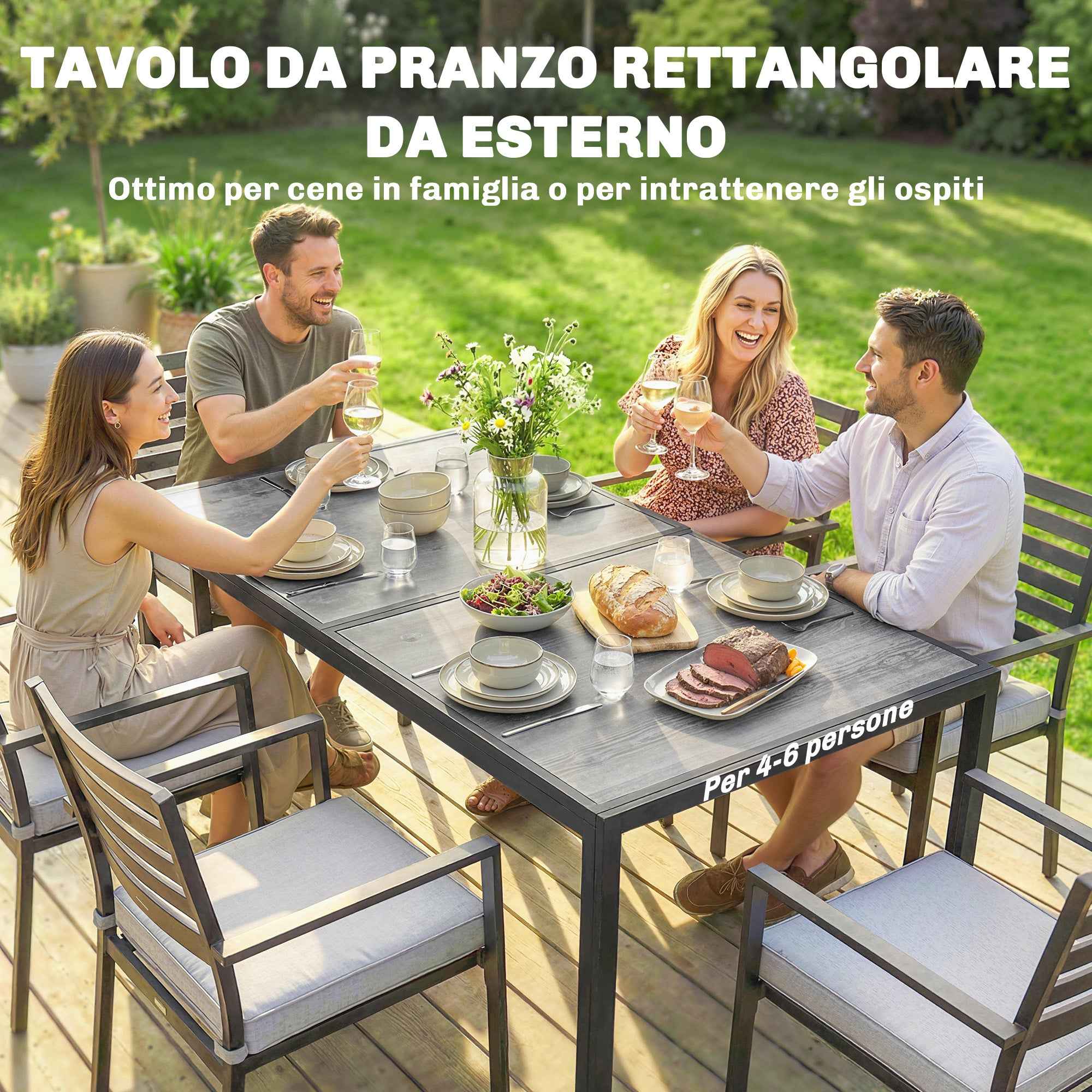 Outsunny Garden Table for 4-6 People with Wood-Effect Top, in Steel and PSPC Plastic, 150x80x74 cm, Grey and Black