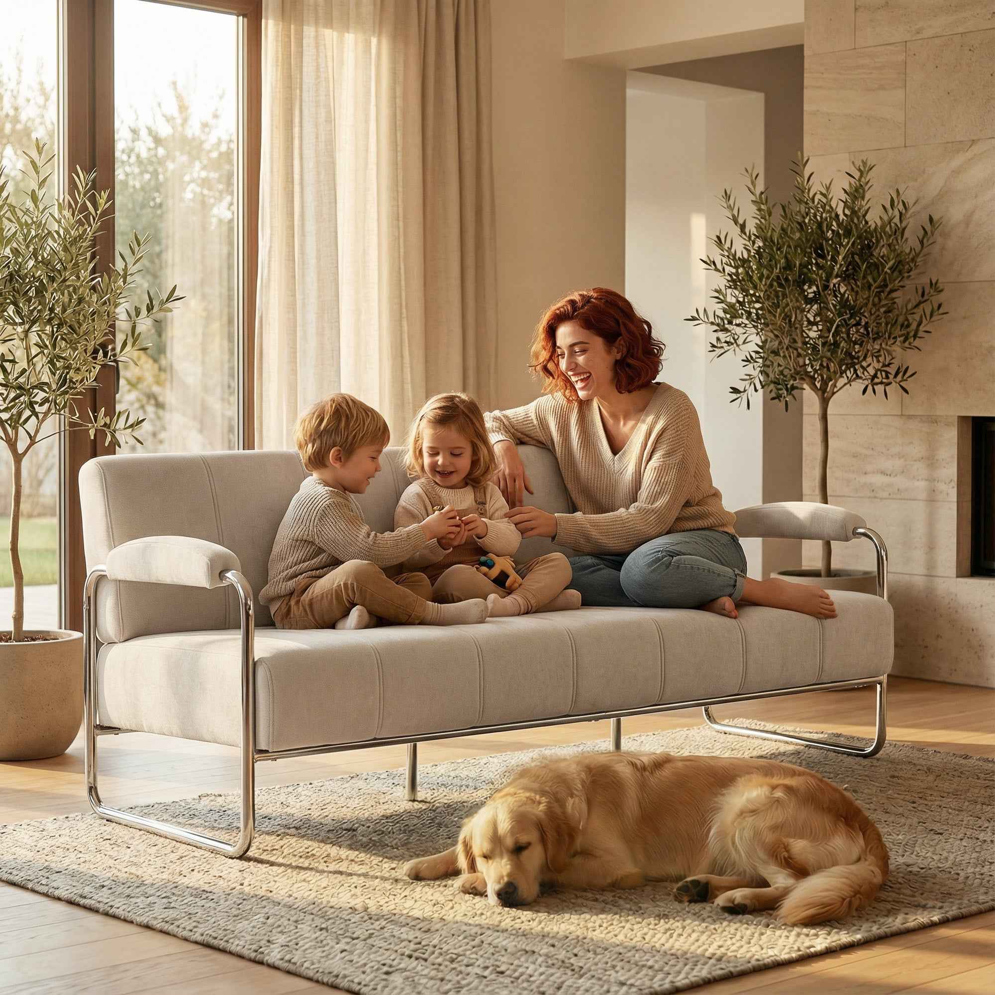 HOMCOM 3-Seater Modern Sofa Upholstered in Beige Chenille, Made of Steel, Sponge and Plywood, 174x75x76 cm