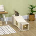 Collapsible Cat Tunnel with Houses, Scratching Post, and Plush and Sisal Ball, Cream