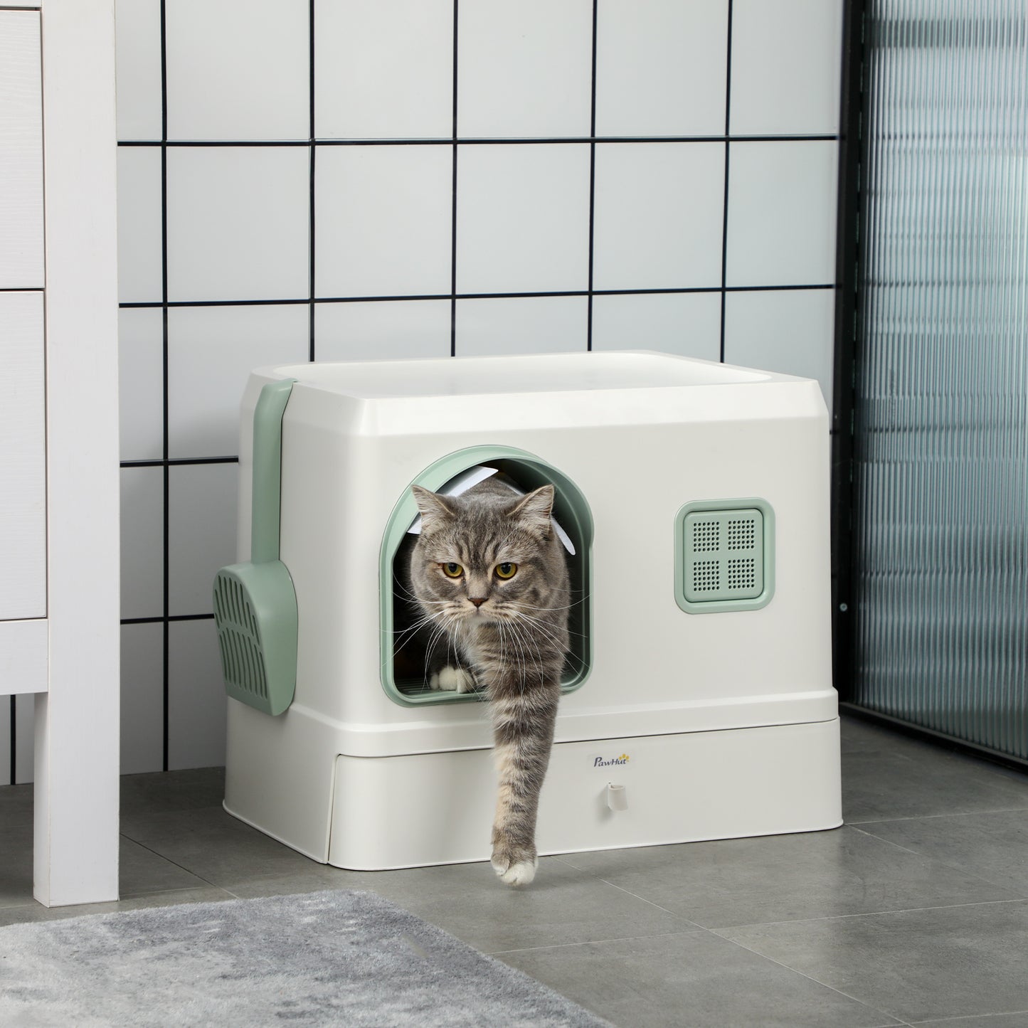 Cat Litter Box Covered with Deodorants, Tray and Scoop, in ABS and PP, 50x40x40 cm, Green and White