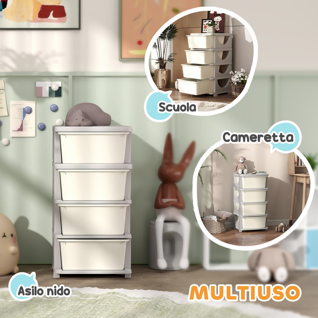 Colourful Plastic Chest of Drawers for Children's Bedroom with 4 Drawers, 37x37x76 cm, Cream