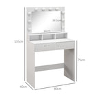 Dressing Table with Mirror and 10 Adjustable LED Lights, 2 Drawers and 3 Compartments, 80x40x135 cm, White