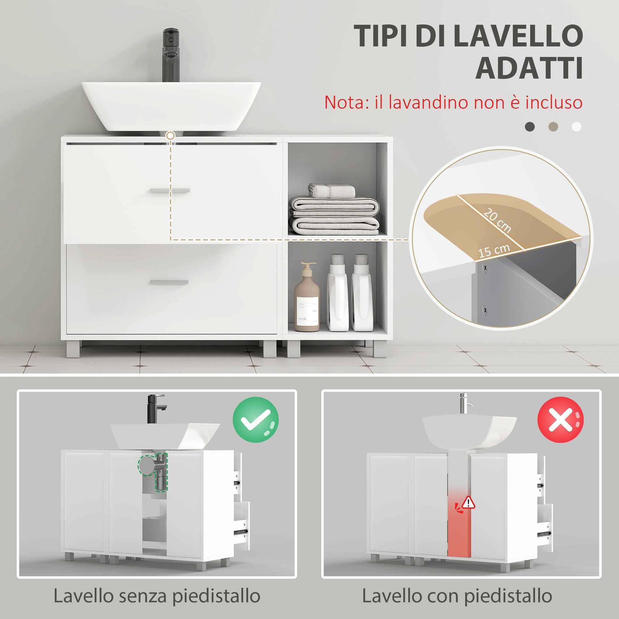 HOMCOM Bathroom Vanity Unit with 2 Drawers and Open Shelves, Wooden, 90x30x60 cm, White