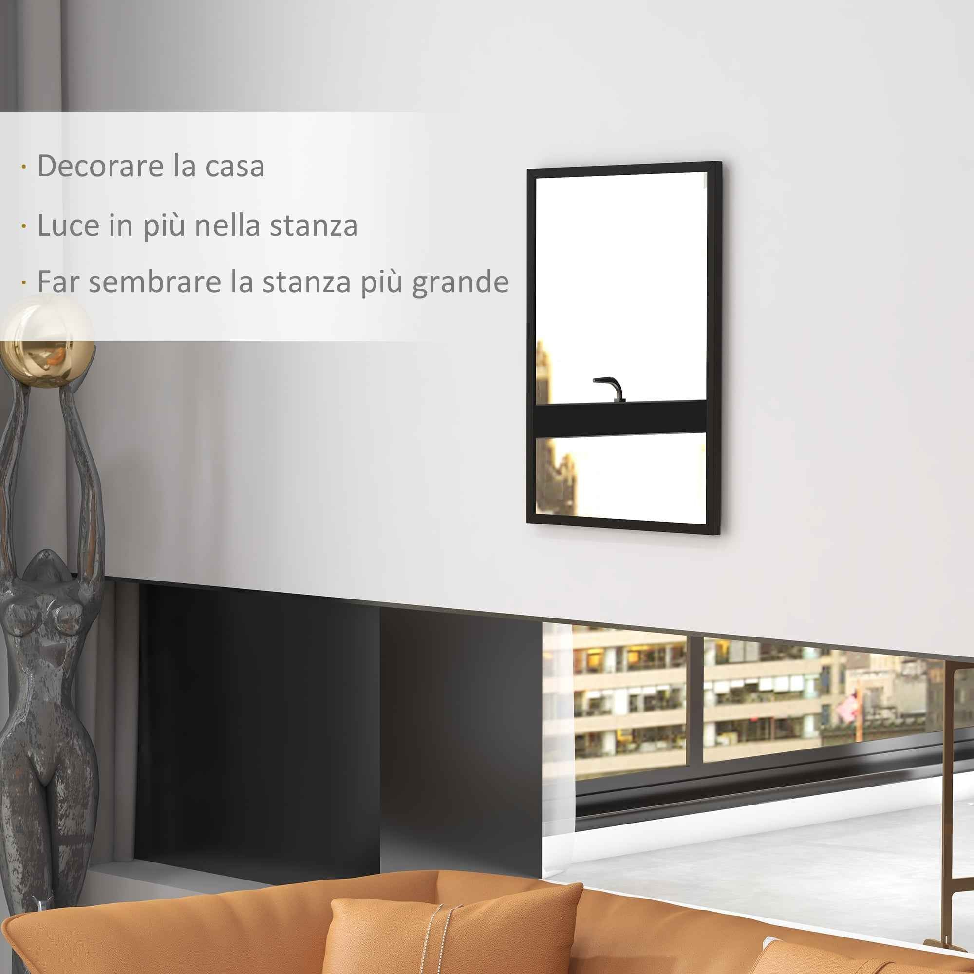 HOMCOM Rectangular Wall Mirror with Hooks, Glass and MDF, 50x70 cm, Black