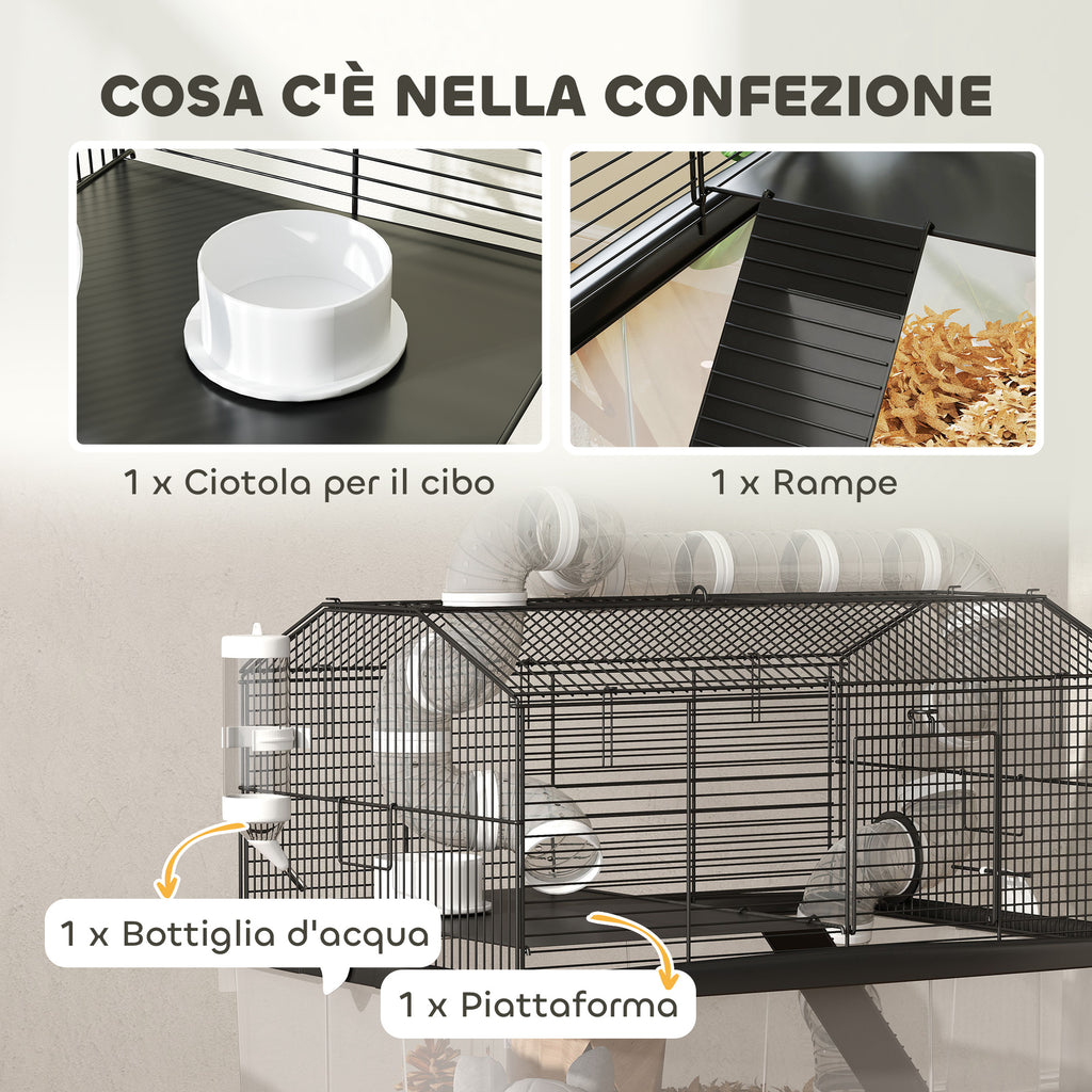 2-Tier Hamster Cage with Wheels, Tubes, Bowl, Bottle and Ramp, 58x43x57 cm, Black