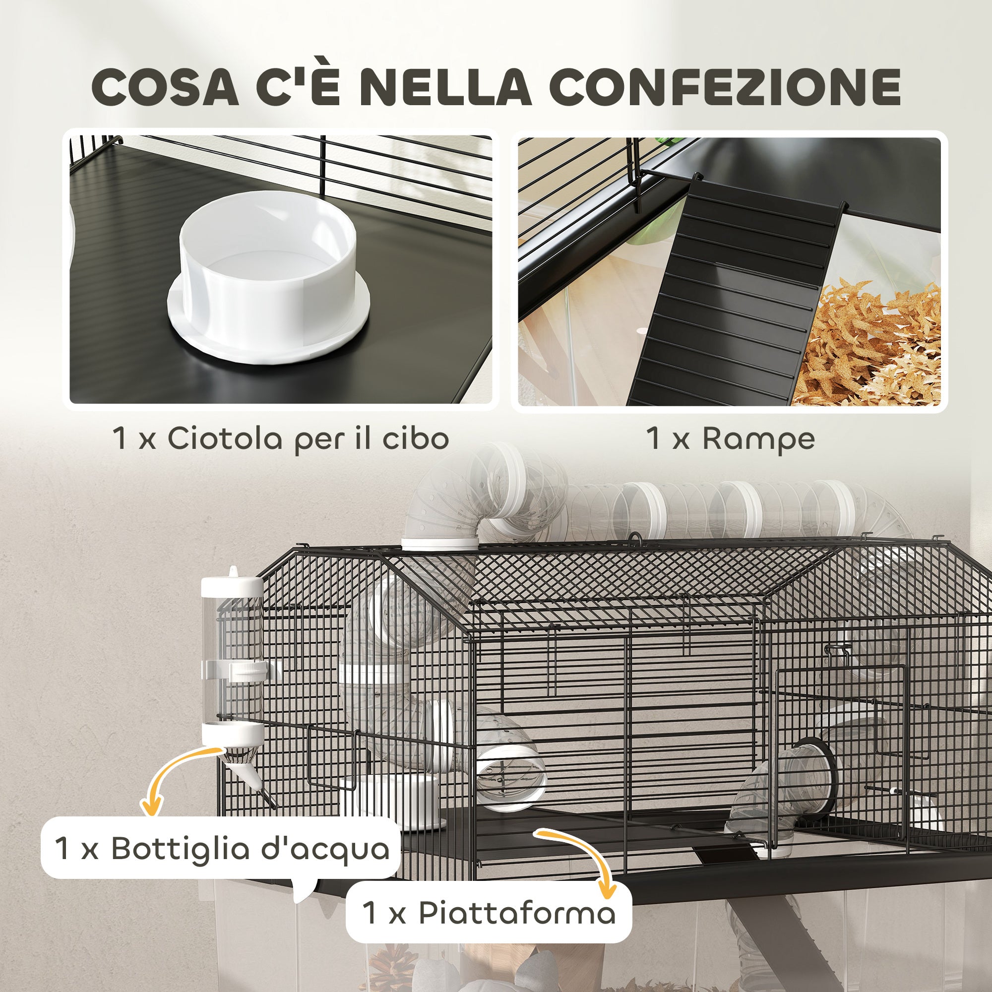 2-Tier Hamster Cage with Wheels, Tubes, Bowl, Bottle and Ramp, 58x43x57 cm, Black