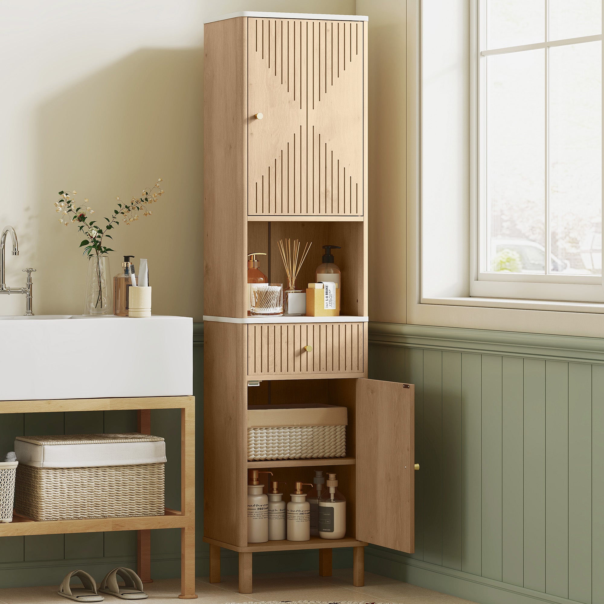 Bathroom Cabinet with Drawer, 2 Cabinets and Adjustable Shelves, Marble Effect Shelf, 41.5x30x168 cm, Oak