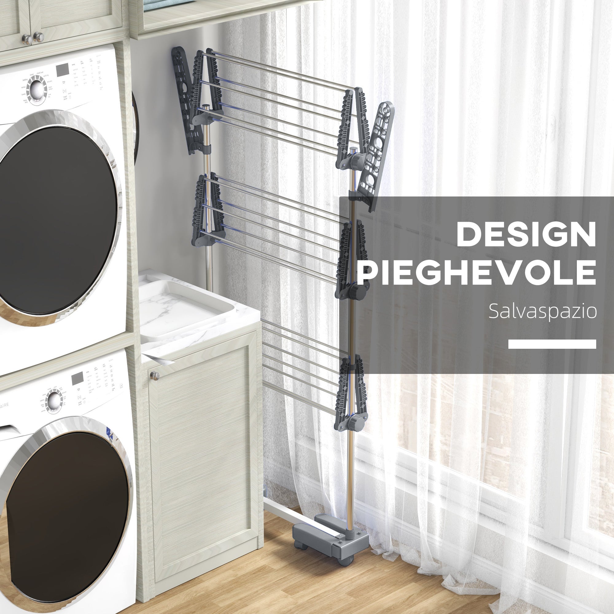 Vertical Drying Rack with 3 Adjustable Shelves, in Steel and Plastic, 142x55x152 cm, Grey and Silver