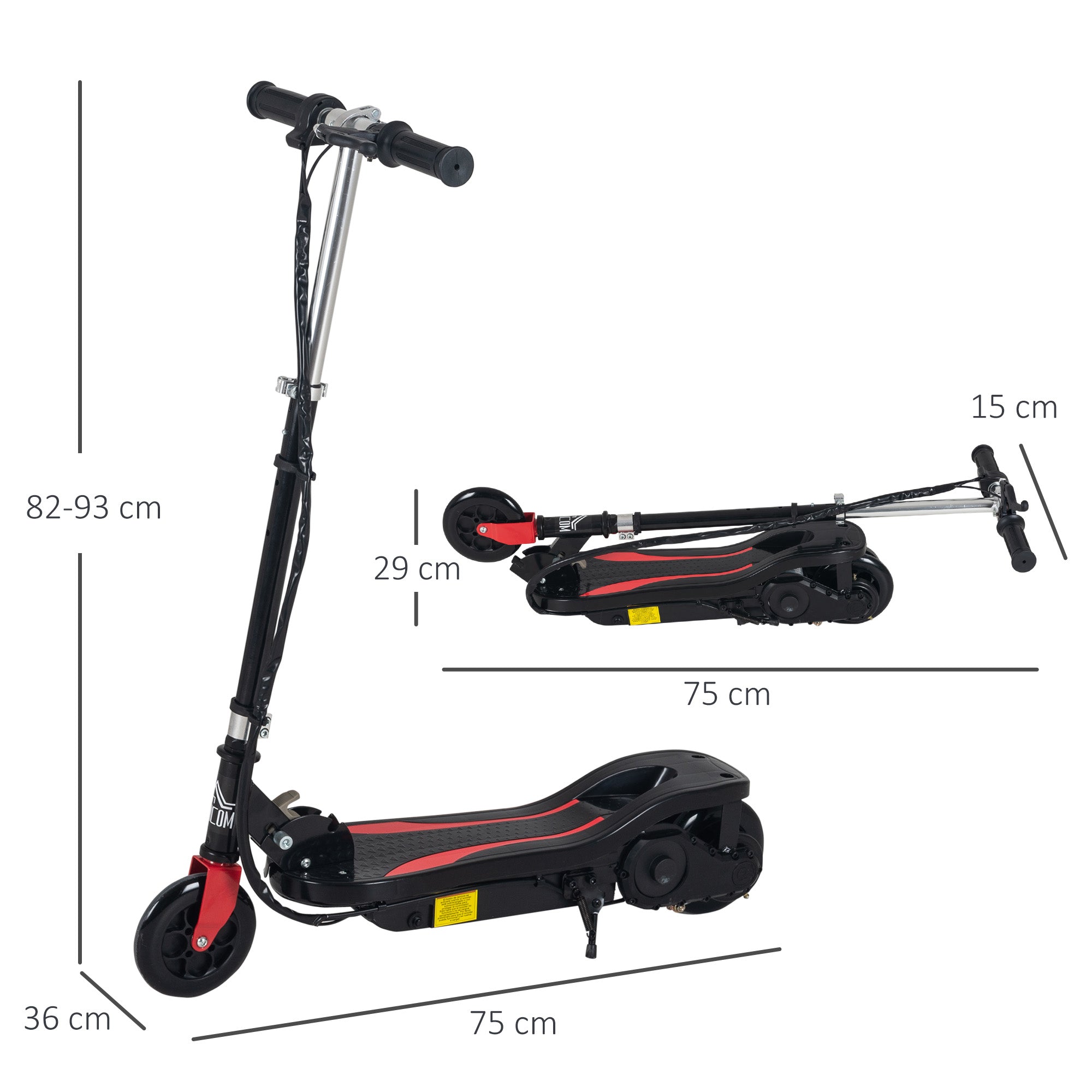 Folding Electric Scooter, Adjustable Height 82-93cm, with Brake, 12km/h Speed, Black