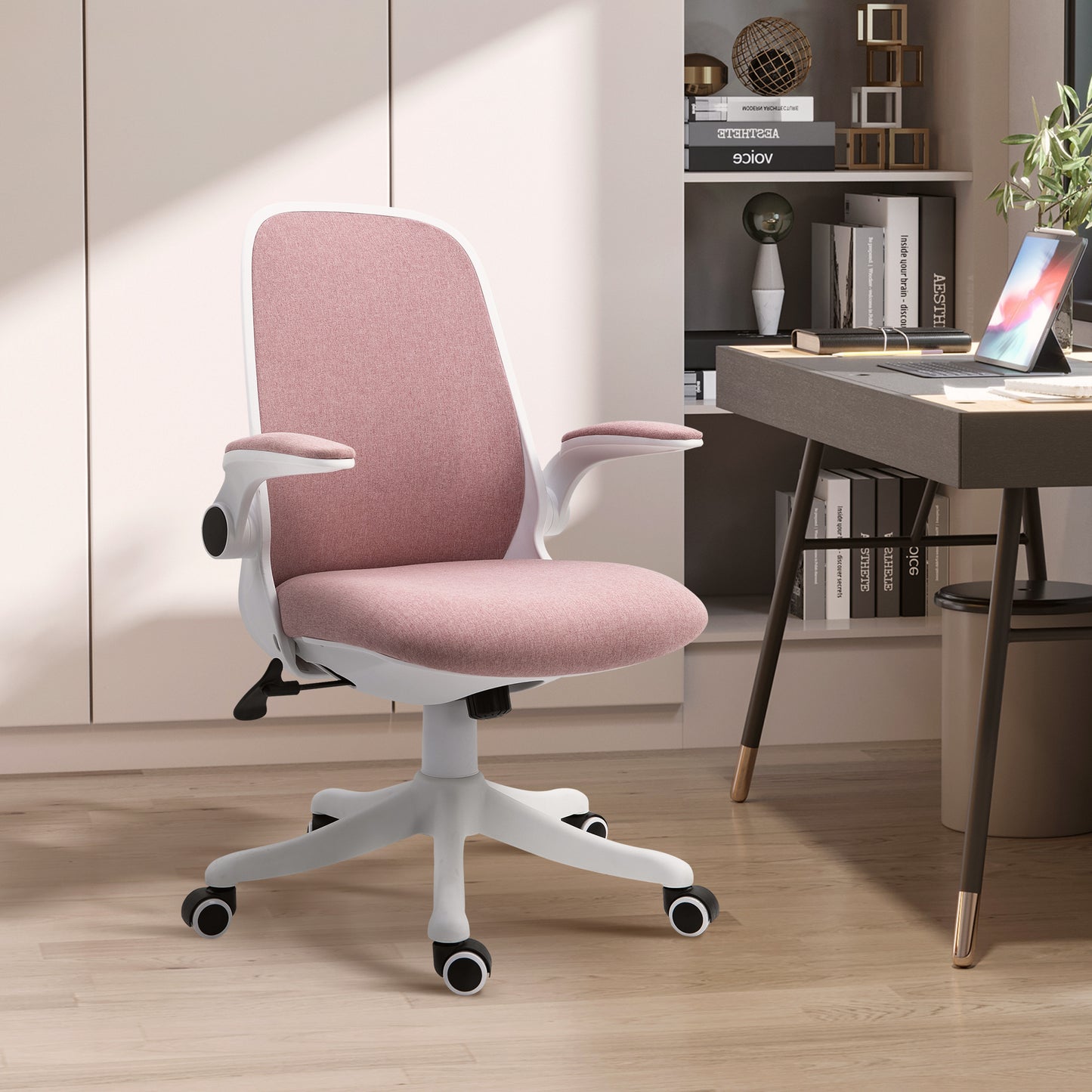 Ergonomic Office Chair with Adjustable Height, in Velvet Effect Fabric, 62.5x60x94-104 cm, White and Pink