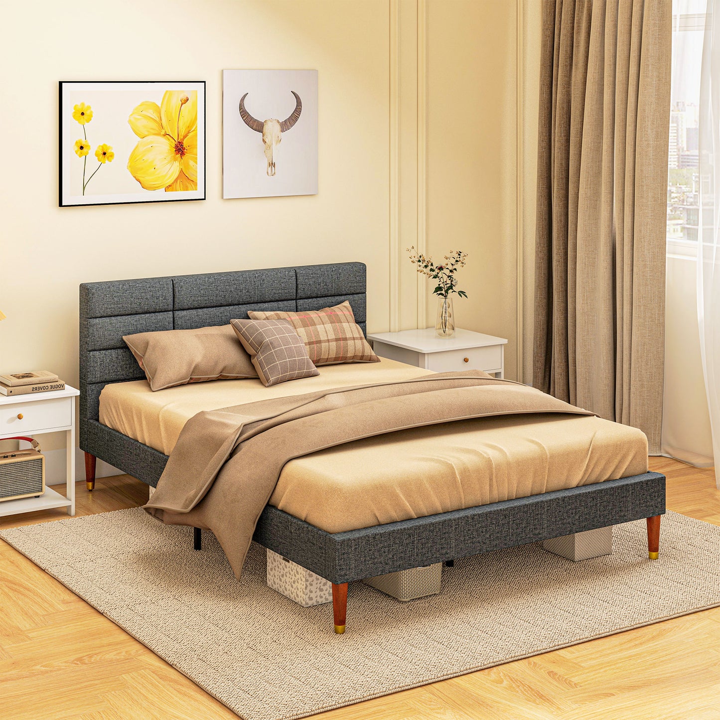 Bed Frame with Headboard, Footboard and Storage Space, in Linen Effect Fabric, 141x207x88 cm, Gray