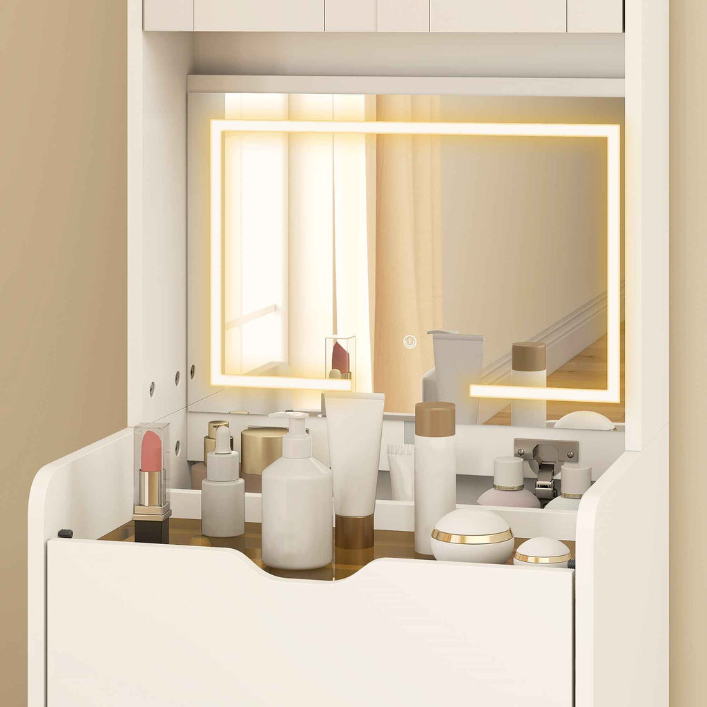 HOMCOM Makeup Vanity Table with Illuminated Mirror and Stool, Adjustable Light, Drawers and Cabinet, White