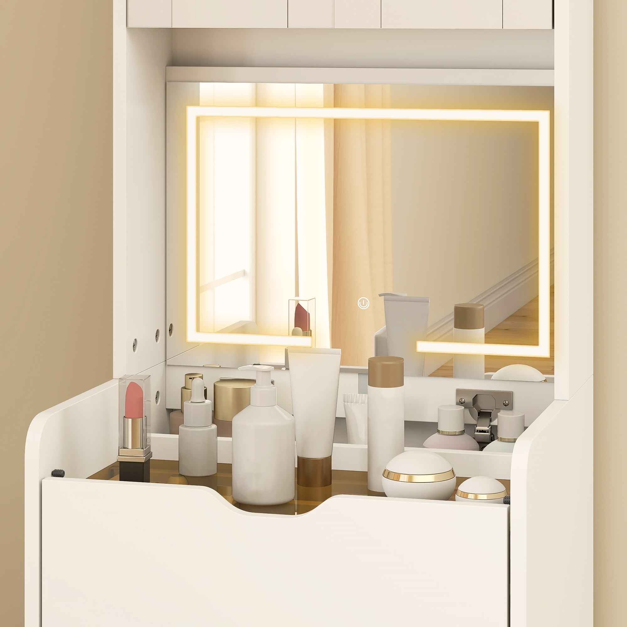 HOMCOM Makeup Vanity Table with Illuminated Mirror and Stool, Adjustable Light, Drawers and Cabinet, White