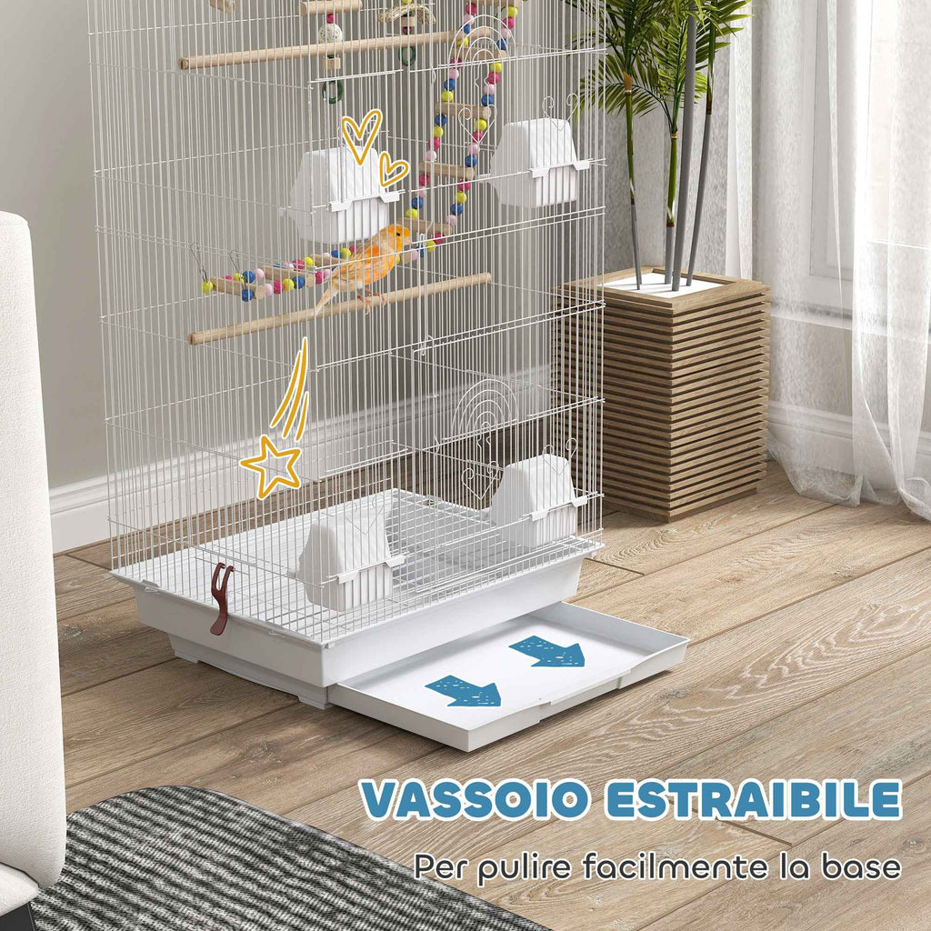 PawHut Bird Cage, Aviary with Handle and Doors, Cage with Swing, Bowls and Toys, 46x36x100 cm, White