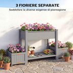 Outsunny Raised Planter with 2 Side Pots and Tool Shelf, in Fir Wood, 149x46x76 cm, Grey