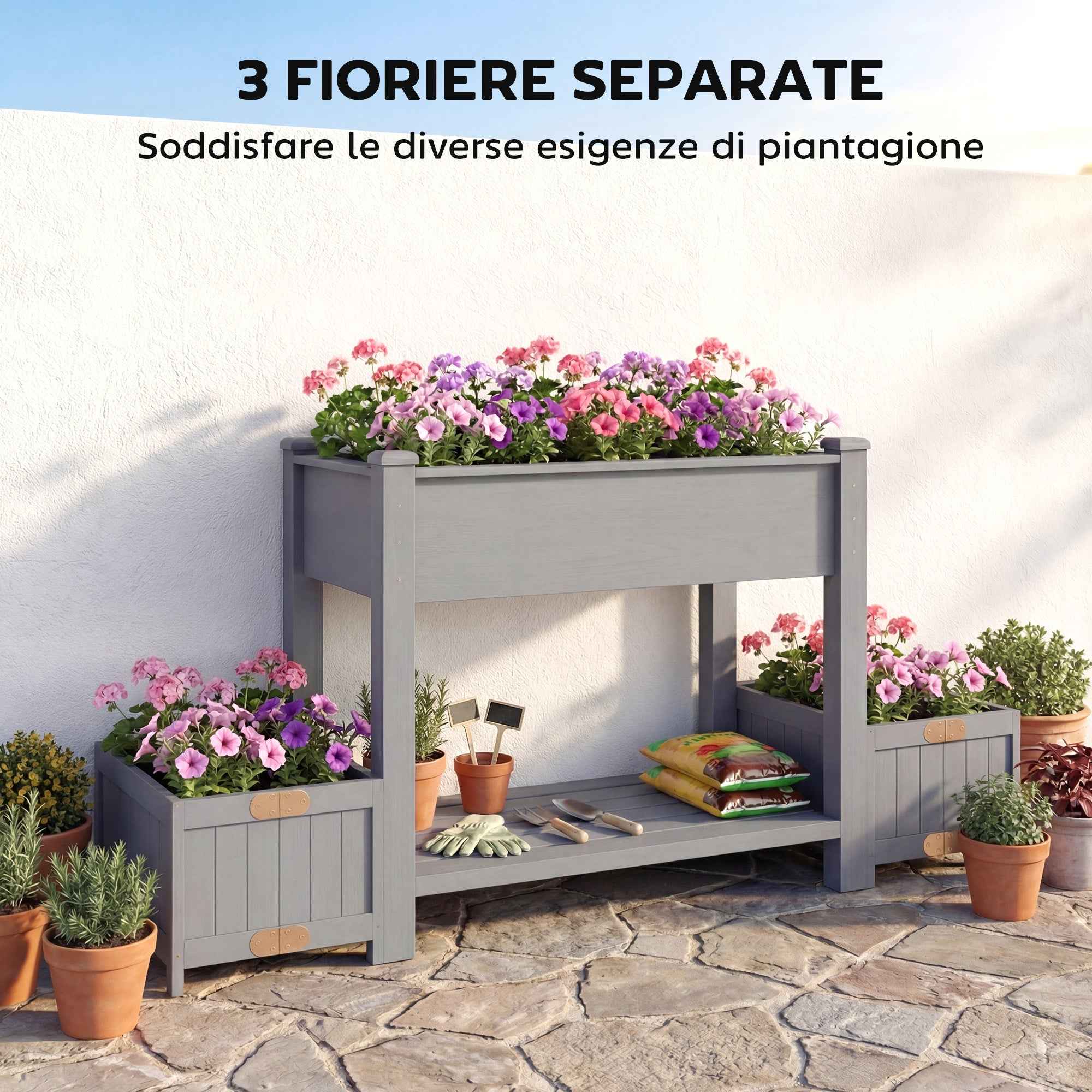 Outsunny Raised Planter with 2 Side Pots and Tool Shelf, in Fir Wood, 149x46x76 cm, Grey