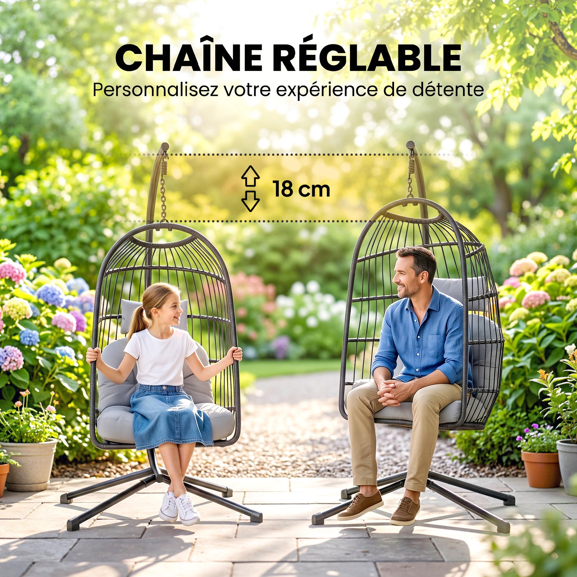 Outsunny Hanging Egg Chair with Stand and Safety Strap, 105x101x196 cm, Black and Light Grey