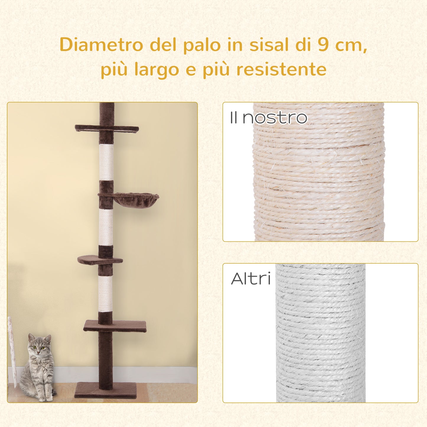 Multi-Level Ceiling Cat Tree with Hammock and Adjustable Height, 40x34x230-260cm, Brown