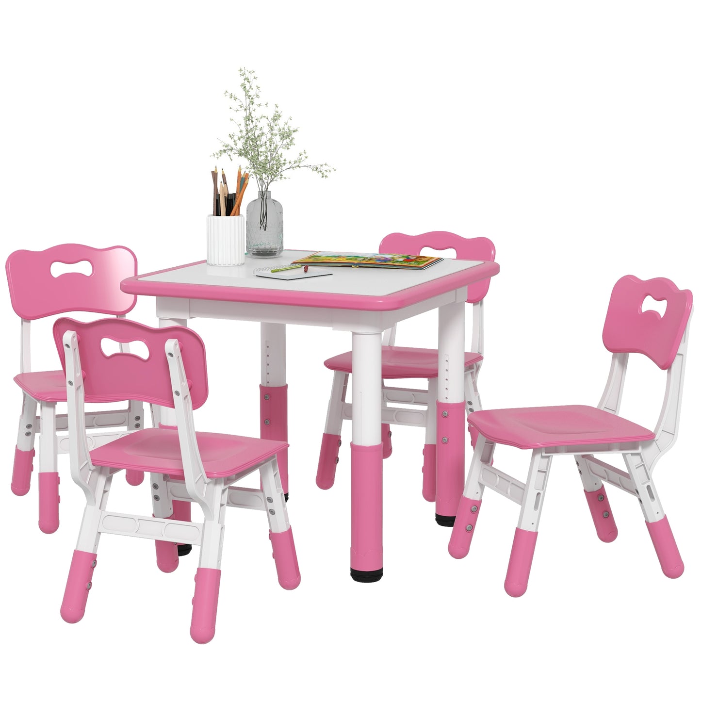 Children's Table and Chair Set 5pcs with 4 Adjustable Chairs 32x36x52. 5-56 cm and Table 60x60x46-58 cm, Pink