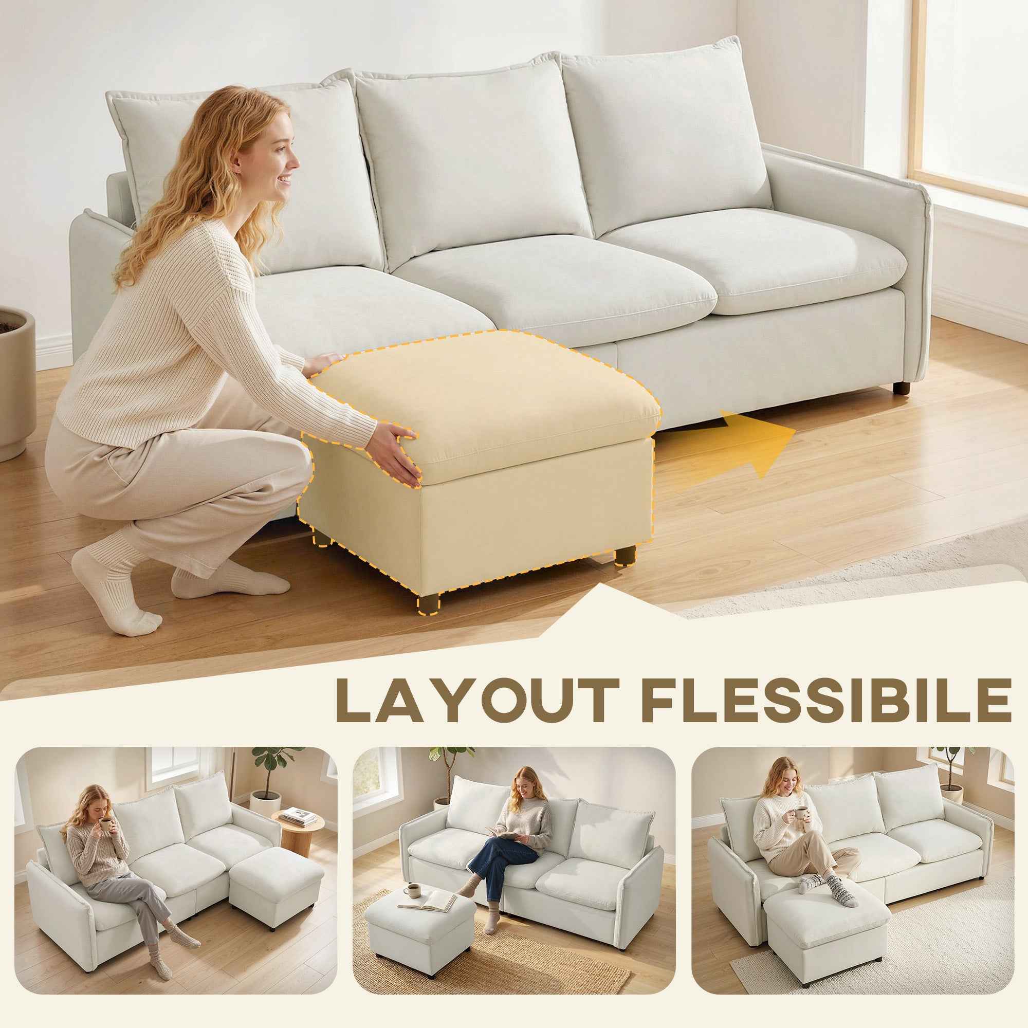 3-Seater Modular Corner Sofa in Breathable Leather-Effect Fabric with Storage, Footrest, Cushions, Cream
