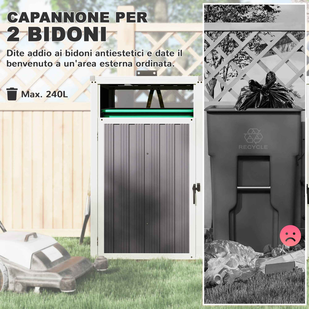 Outsunny 2-Section Garbage Can Shed with Lift-Off Lid, Galvanized Steel, 146x81x122 cm, Dark Grey