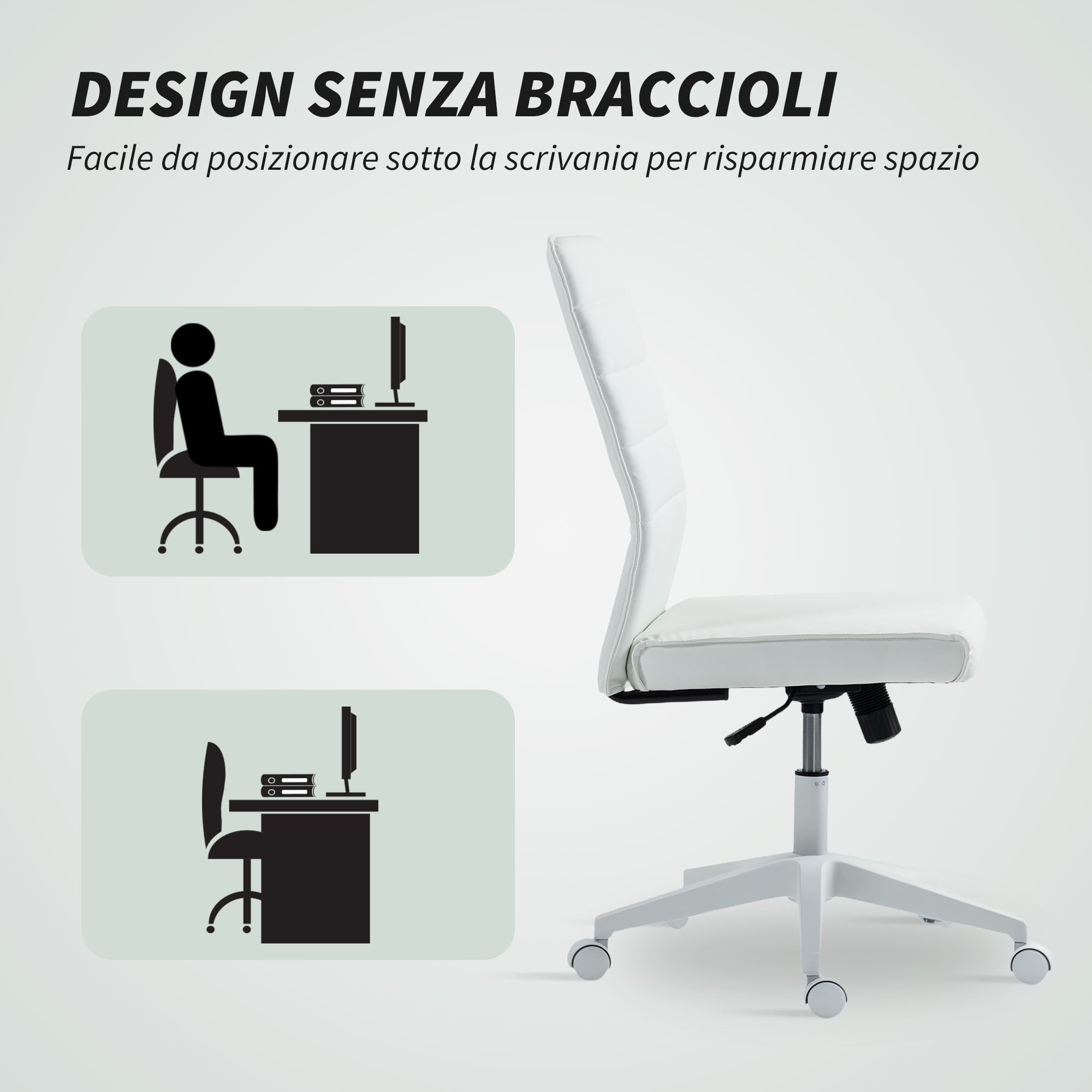 Ergonomic Office Chair with Curved Backrest, Adjustable PU Leather and Steel, 58x53x97-107 cm, White