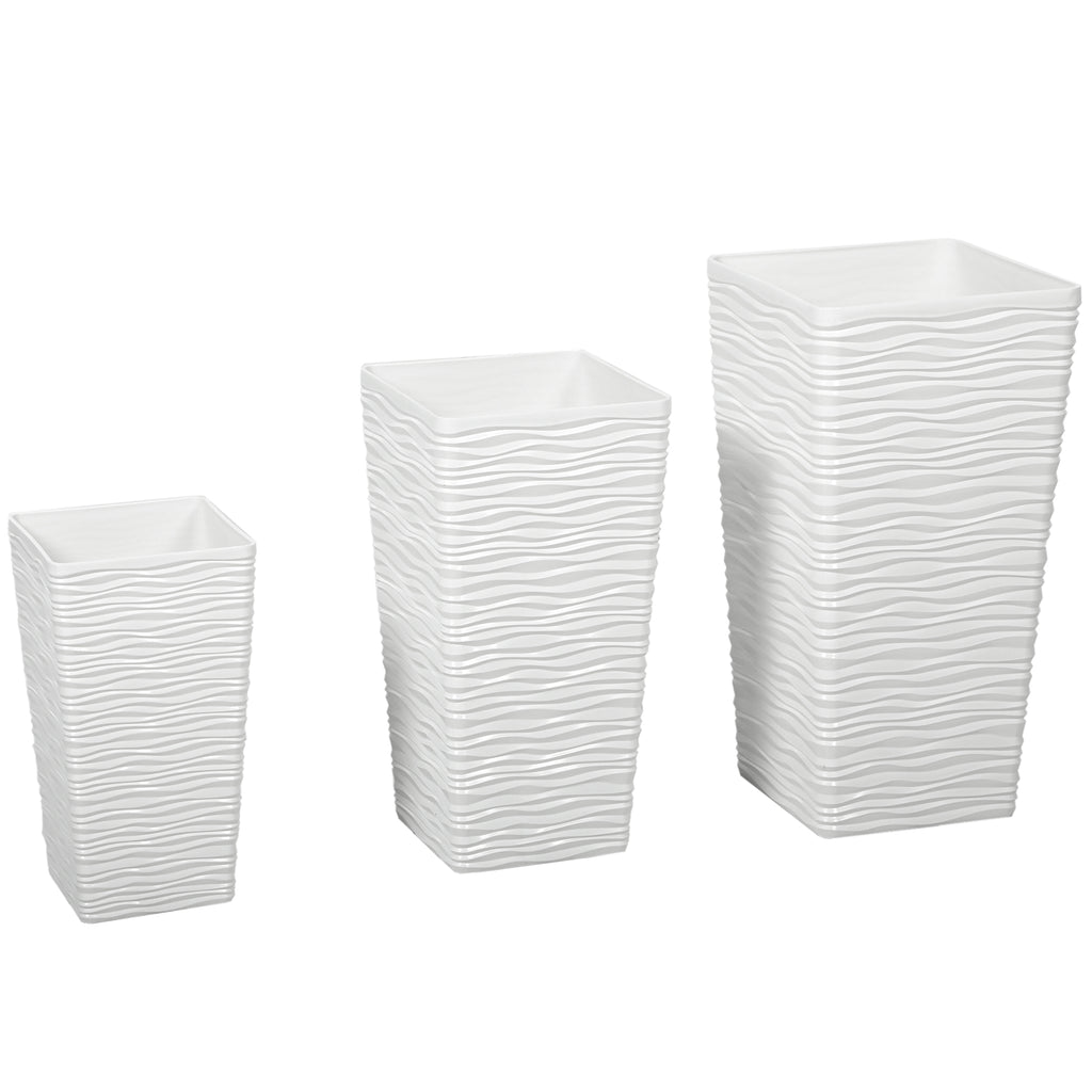 Outsunny Set of 3 Stackable Outdoor Planters with Wavy Pattern in Plastic, 42/55/65 cm, White