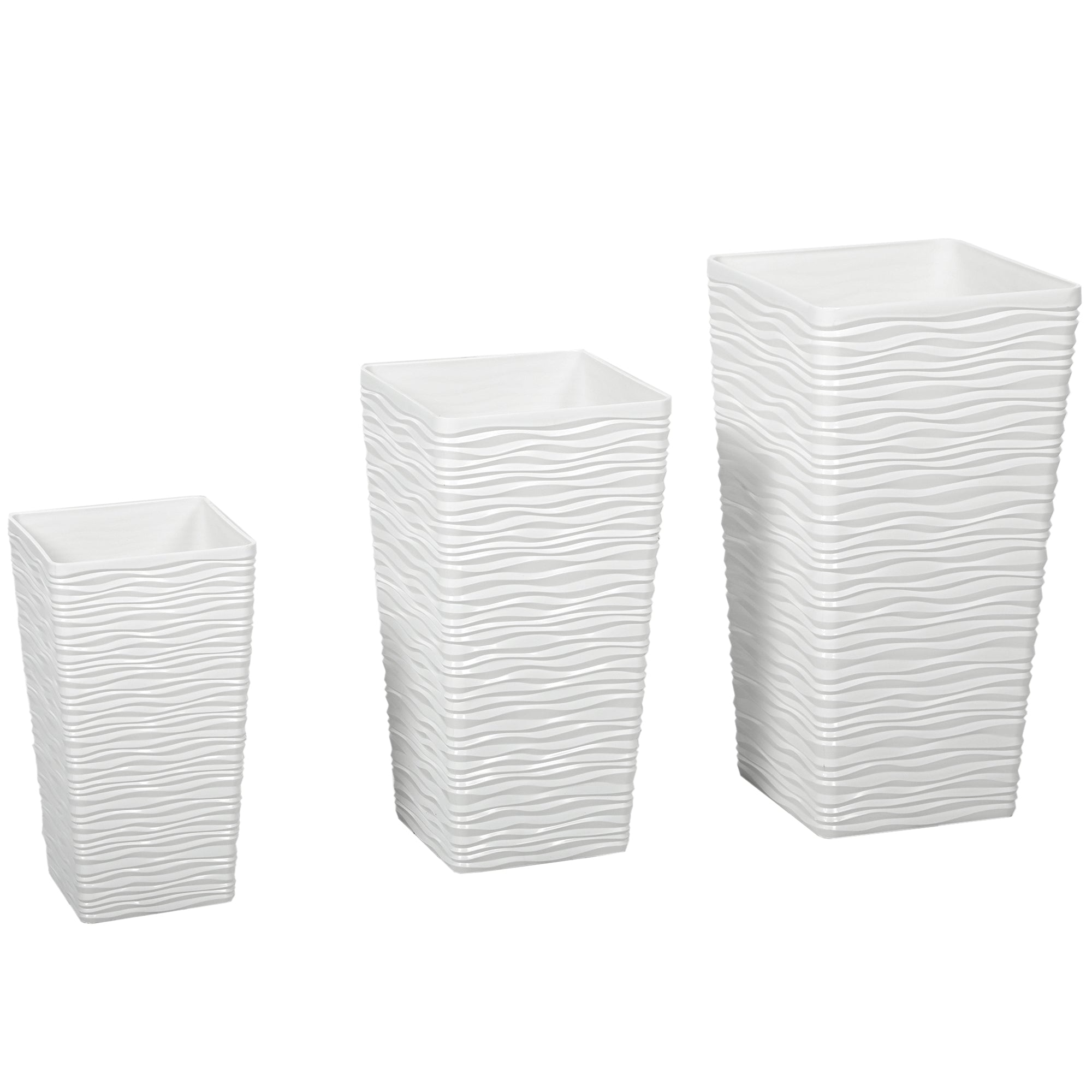 Outsunny Set of 3 Stackable Outdoor Planters with Wavy Pattern in Plastic, 42/55/65 cm, White
