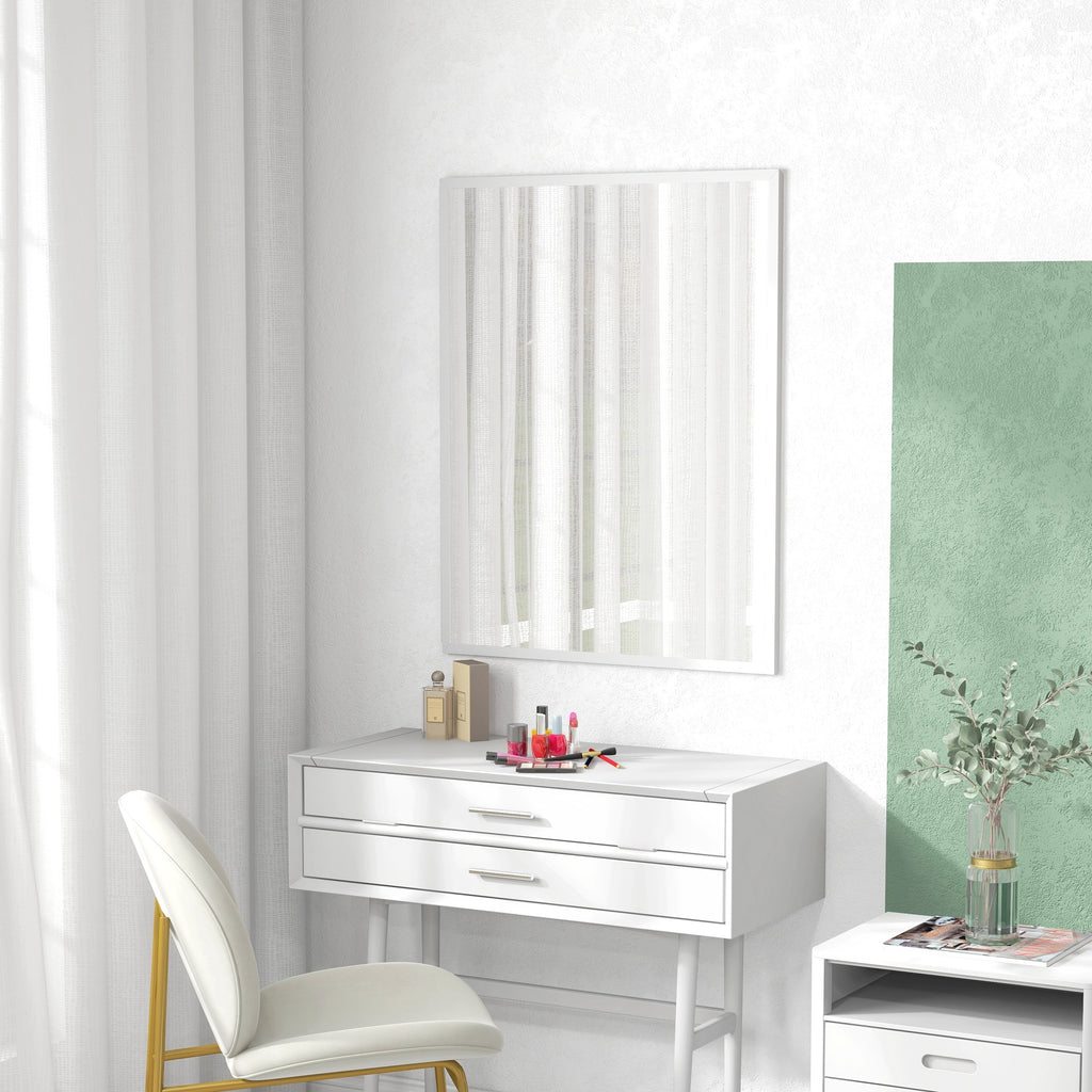 HOMCOM Rectangular Wall-Mounted Bathroom Mirror with Hooks, Glass and MDF Bedroom Mirror, 70x90 cm, White