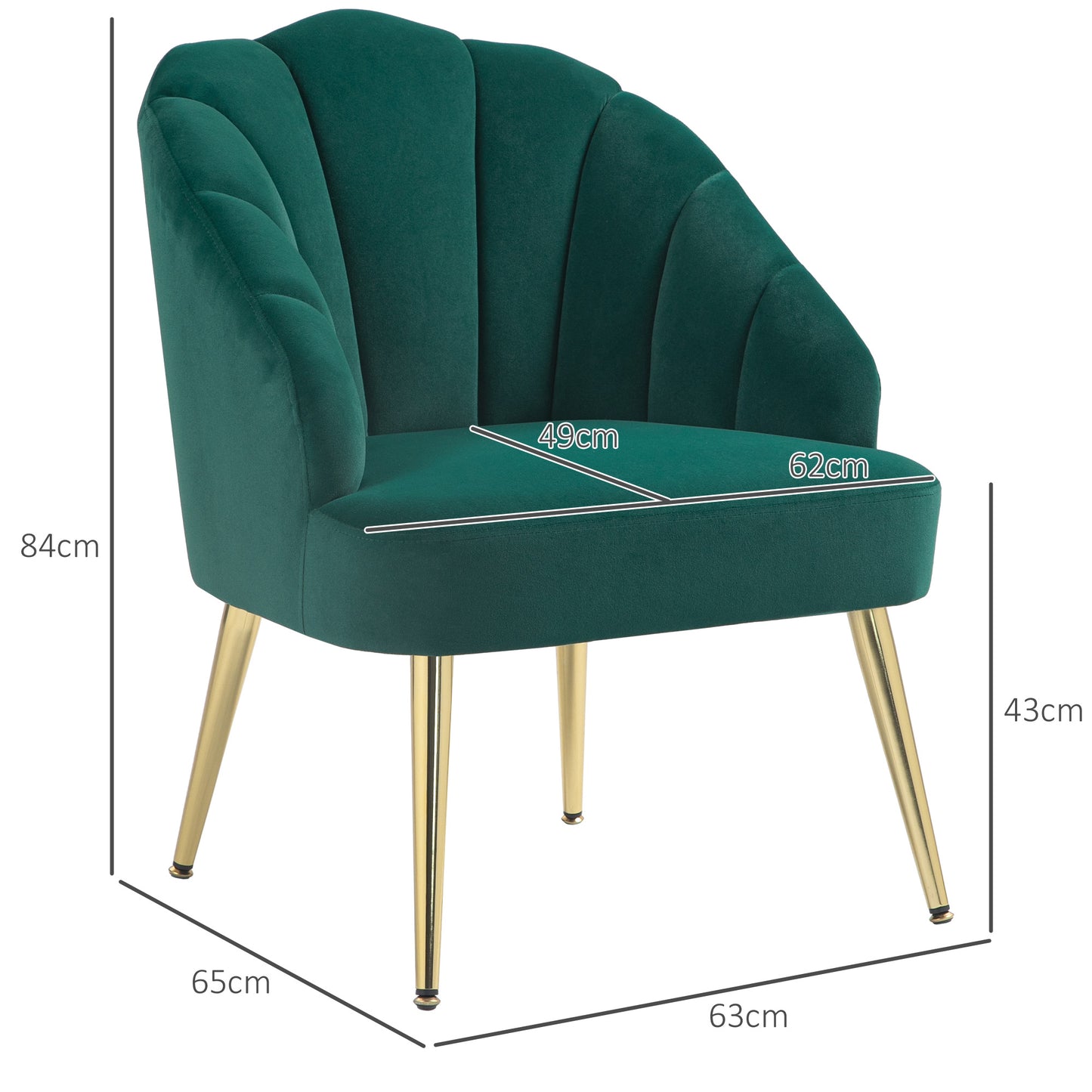 Art Deco Style Shell Armchair for Living Room and Bedroom, in Velvet Fabric and Steel, 63x65x84 cm, Green