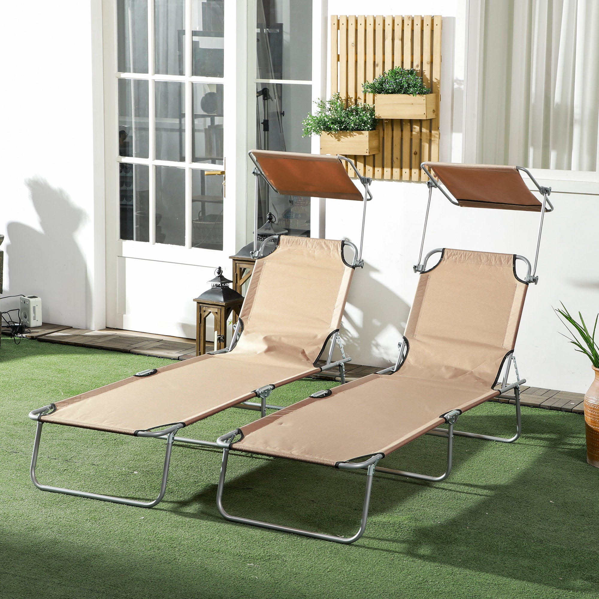 Outsunny Set of 2 Folding Garden Loungers with Adjustable Canopy, Oxford Fabric and Metal, 187x58x36 cm, Brown