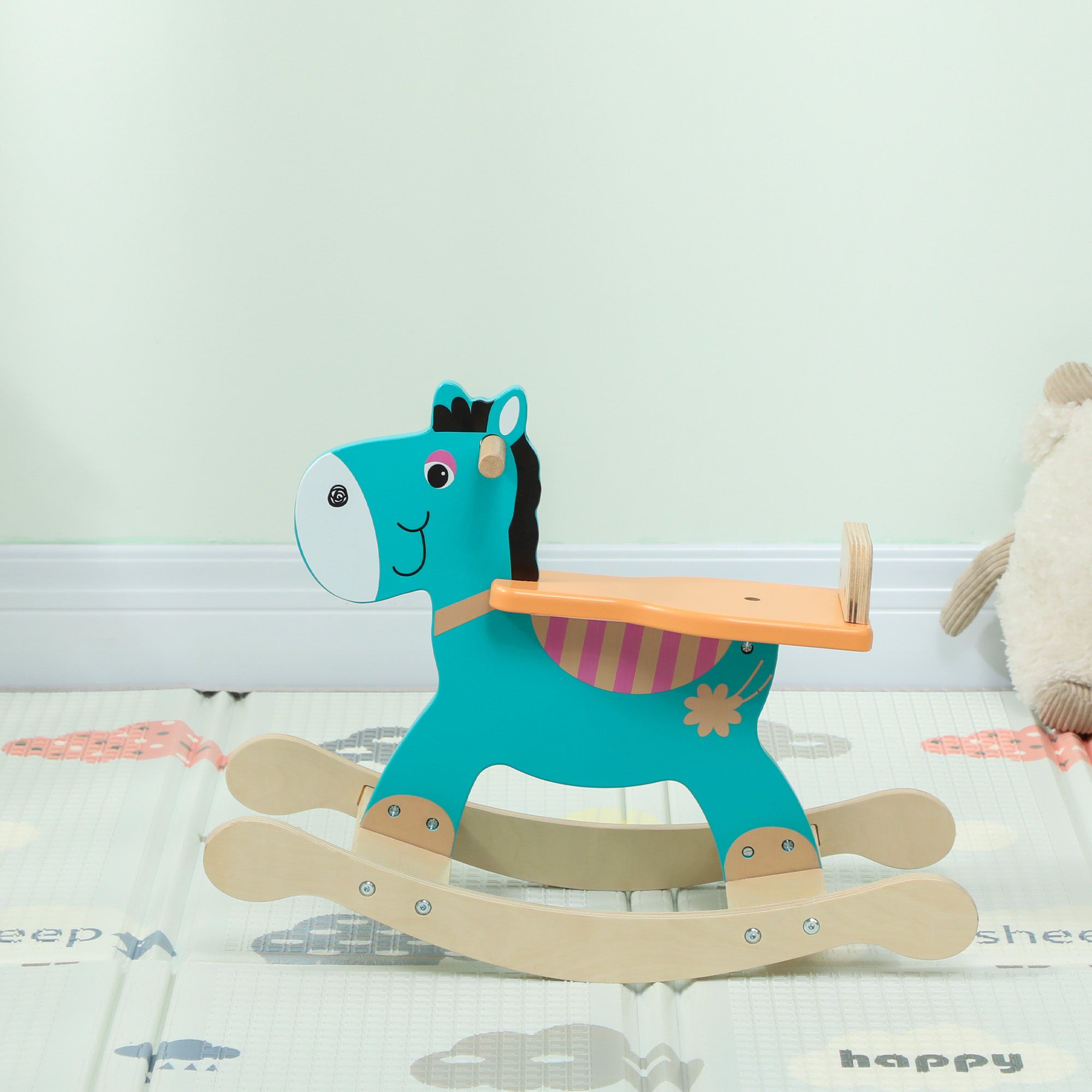 Donkey Rocking Horse for Children with Wide Base, Wooden, 59x27x43 cm, Dark Green and Orange
