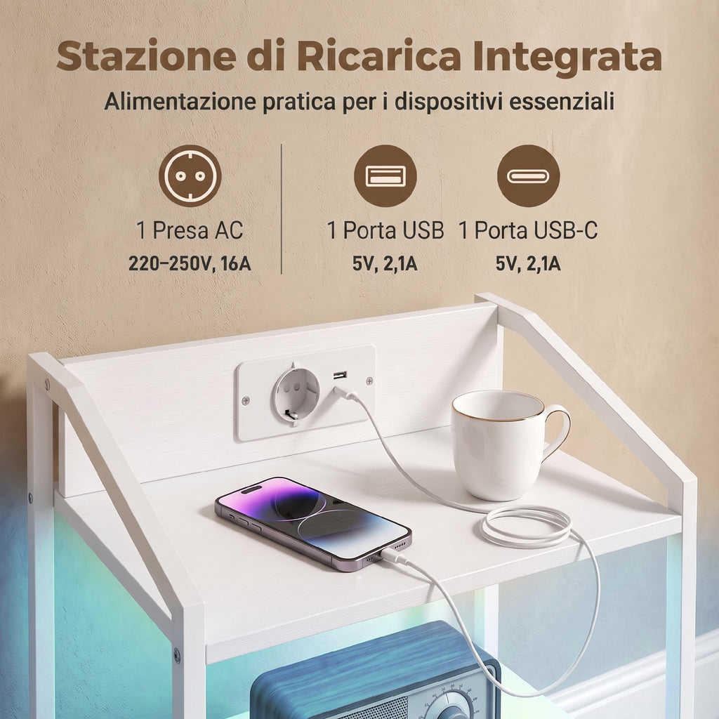 HOMCOM Set of 2 Bedside Tables with LED Lights and Charging Station, 40x30x60 cm, White