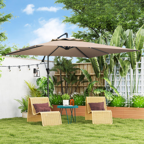 3x3 m Arm Umbrella with Adjustable Cover and Cross Base, in Metal and Polyester, Khaki color