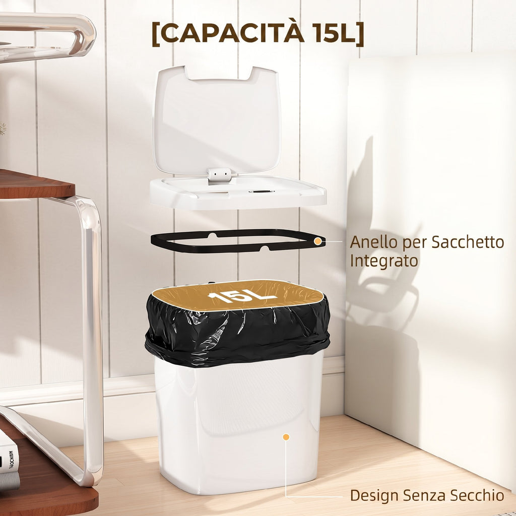 HOMCOM 15L Infrared Sensor Trash Can with 2 Opening Modes, Anti-Fingerprint Surface, Bathroom, White