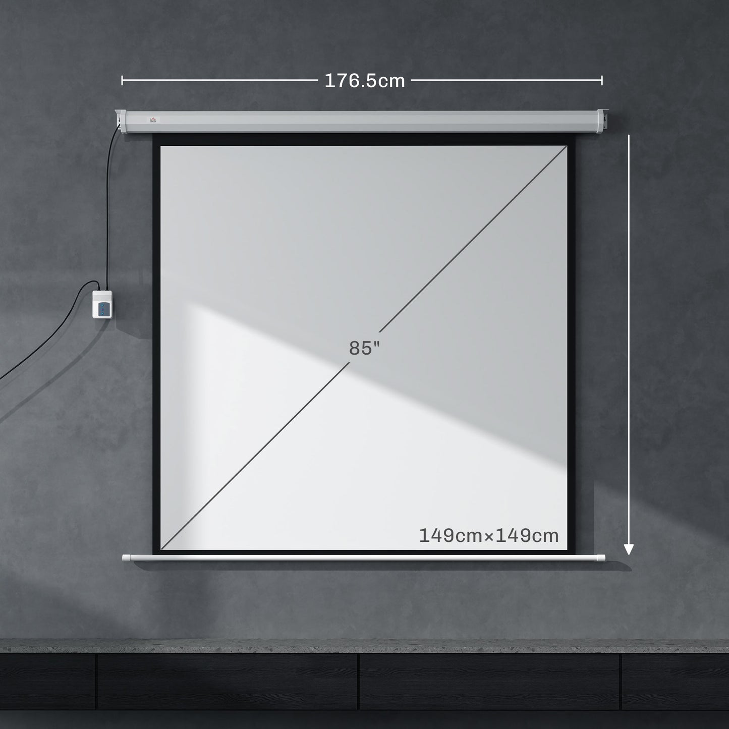 Motorized Projector Screen 85"  with Remote Control, Plastic and Metal, 176.5x8x176.5 cm, White