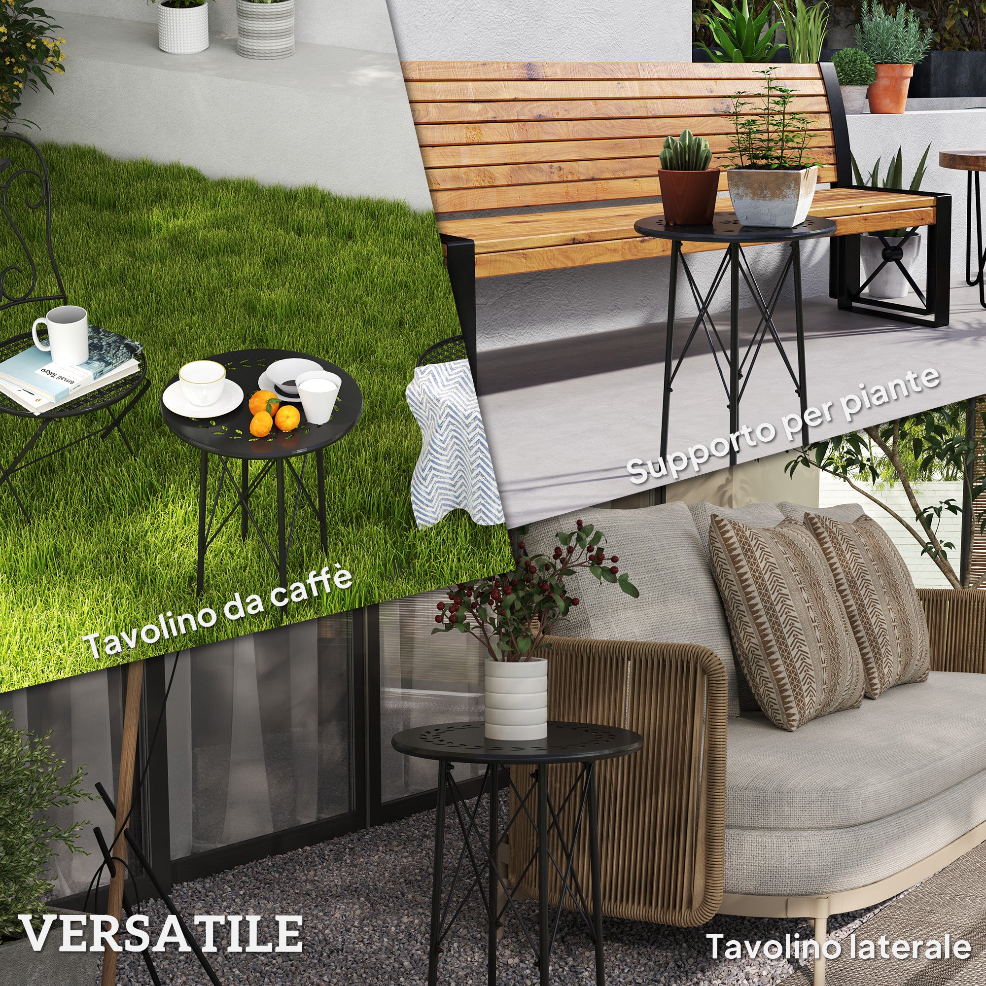 Garden Coffee Table with Carvings of Flowers and Leaves, Outdoor and Indoor Table, Ø40x50 cm, Black