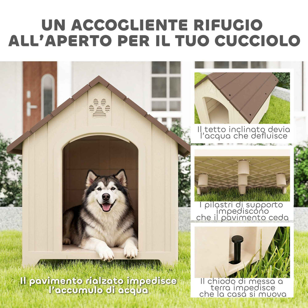 PawHut Raised Dog Kennel with Sloped Roof and Air Vents, PP, 102x94x103 cm, Beige and Dark Brown