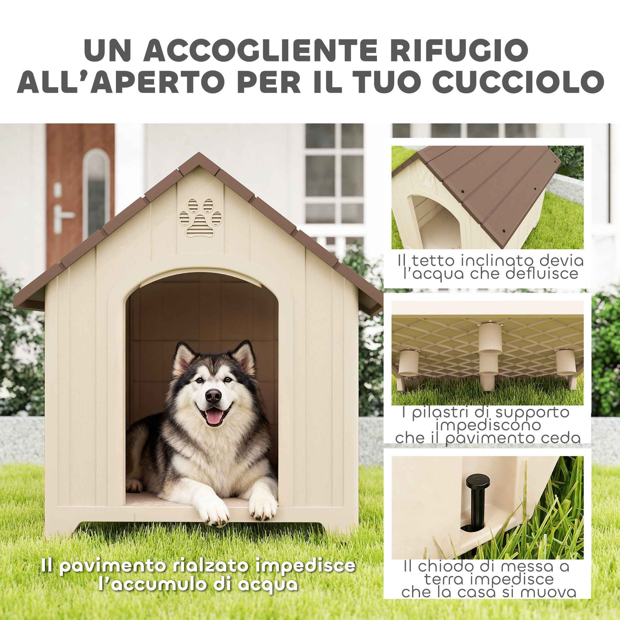 PawHut Raised Dog Kennel with Sloped Roof and Air Vents, PP, 102x94x103 cm, Beige and Dark Brown