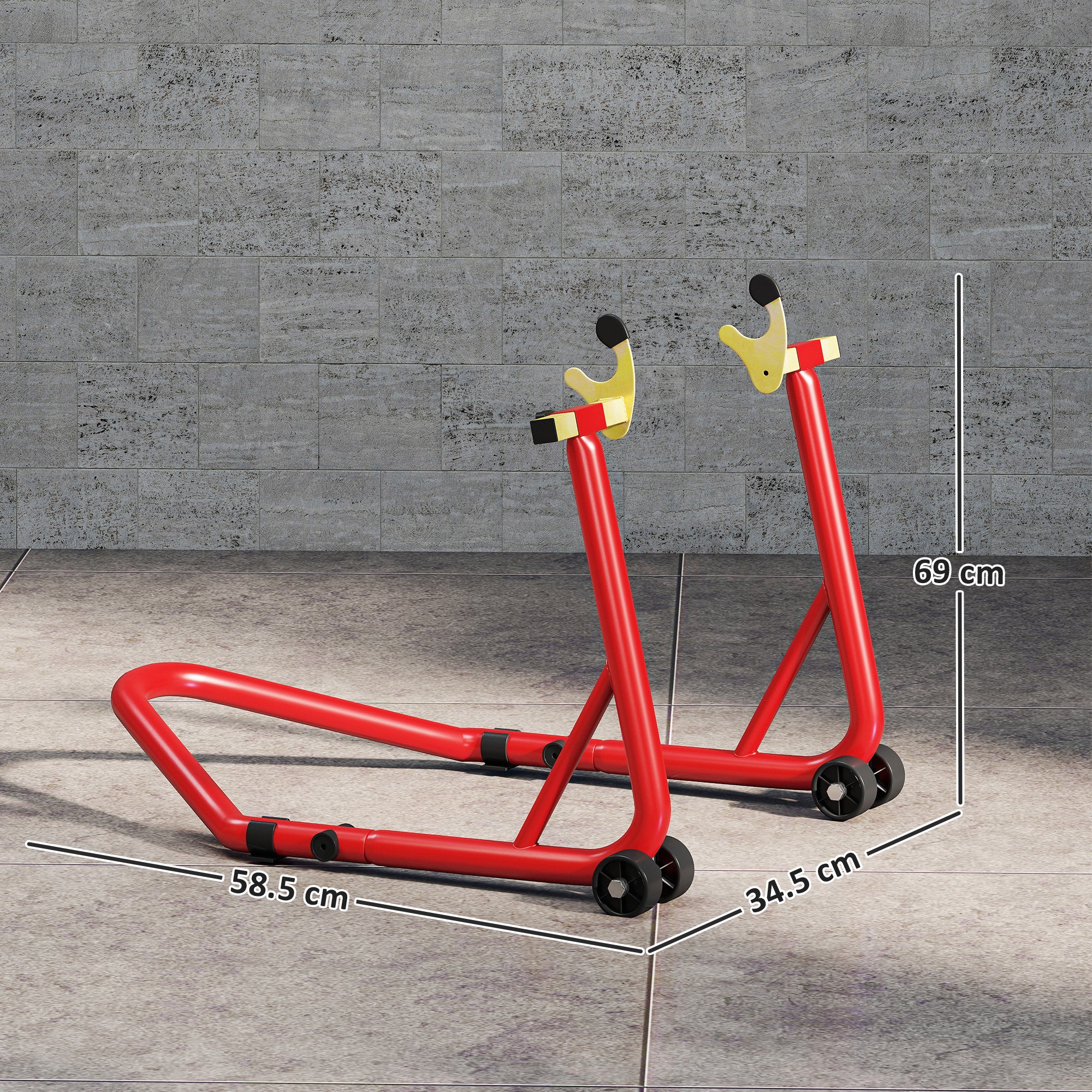 Motorcycle Stand with 544kg Capacity, Adjustable U- and L-Forks, Non-Slip Wheels and Pads, Red