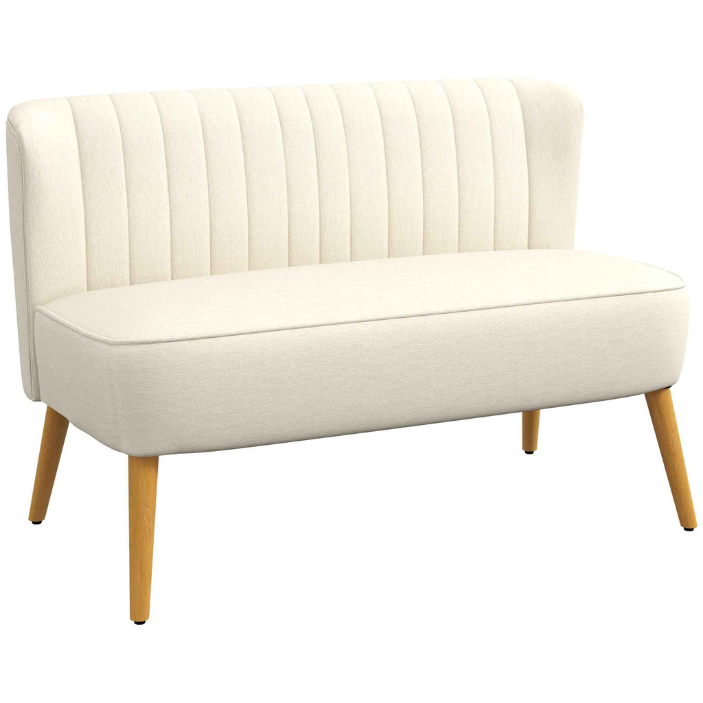 2-Seater Sofa in Linen-Effect Fabric without Armrests with Wooden Legs, 117x56.5x77 cm, Cream White