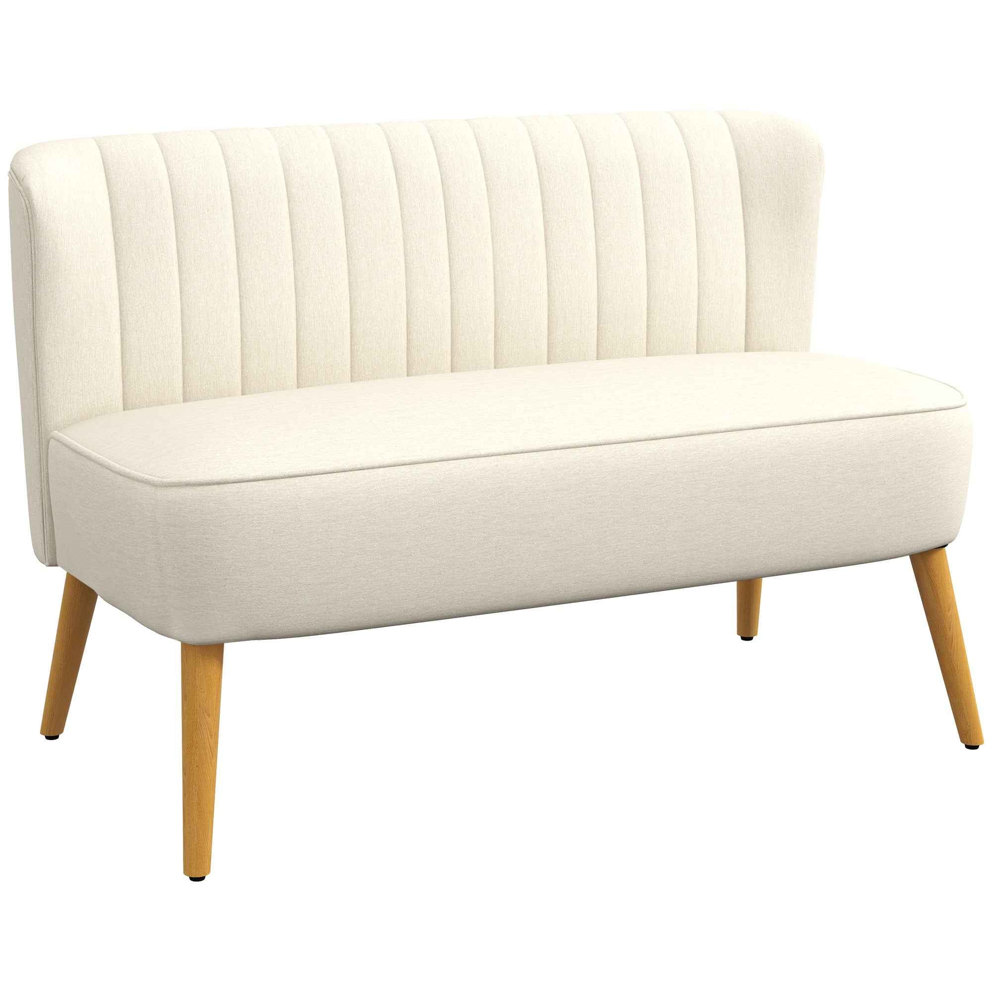 2-Seater Sofa in Linen-Effect Fabric without Armrests with Wooden Legs, 117x56.5x77 cm, Cream White