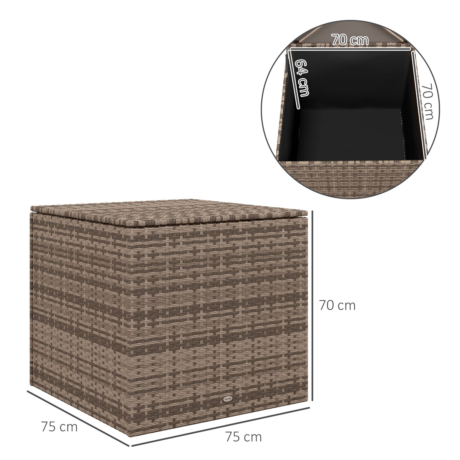 Outsunny Outdoor Trunk in PE Rattan and Steel with Internal Lining, 75x75x70 cm, Black and Sand color - Borgè